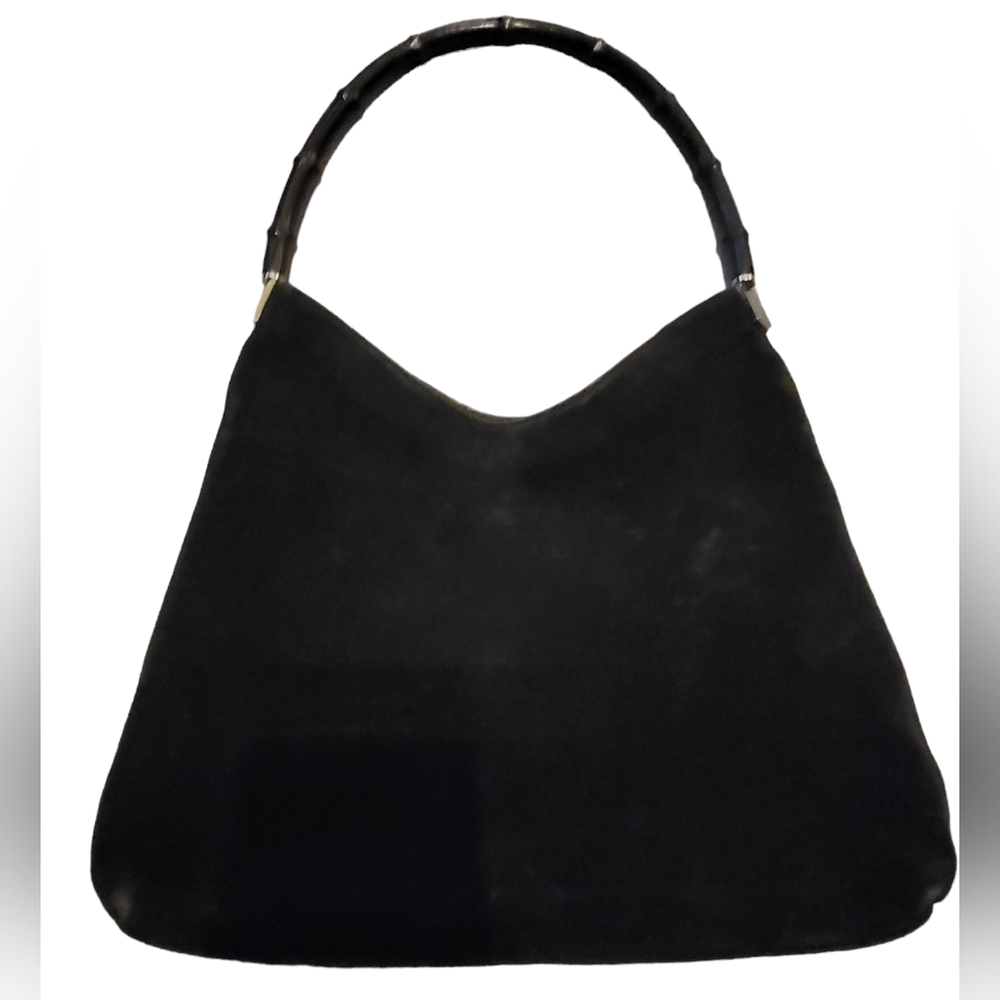 VTG Gucci Black Suede Bamboo Top Handle Tote Bag w/COA